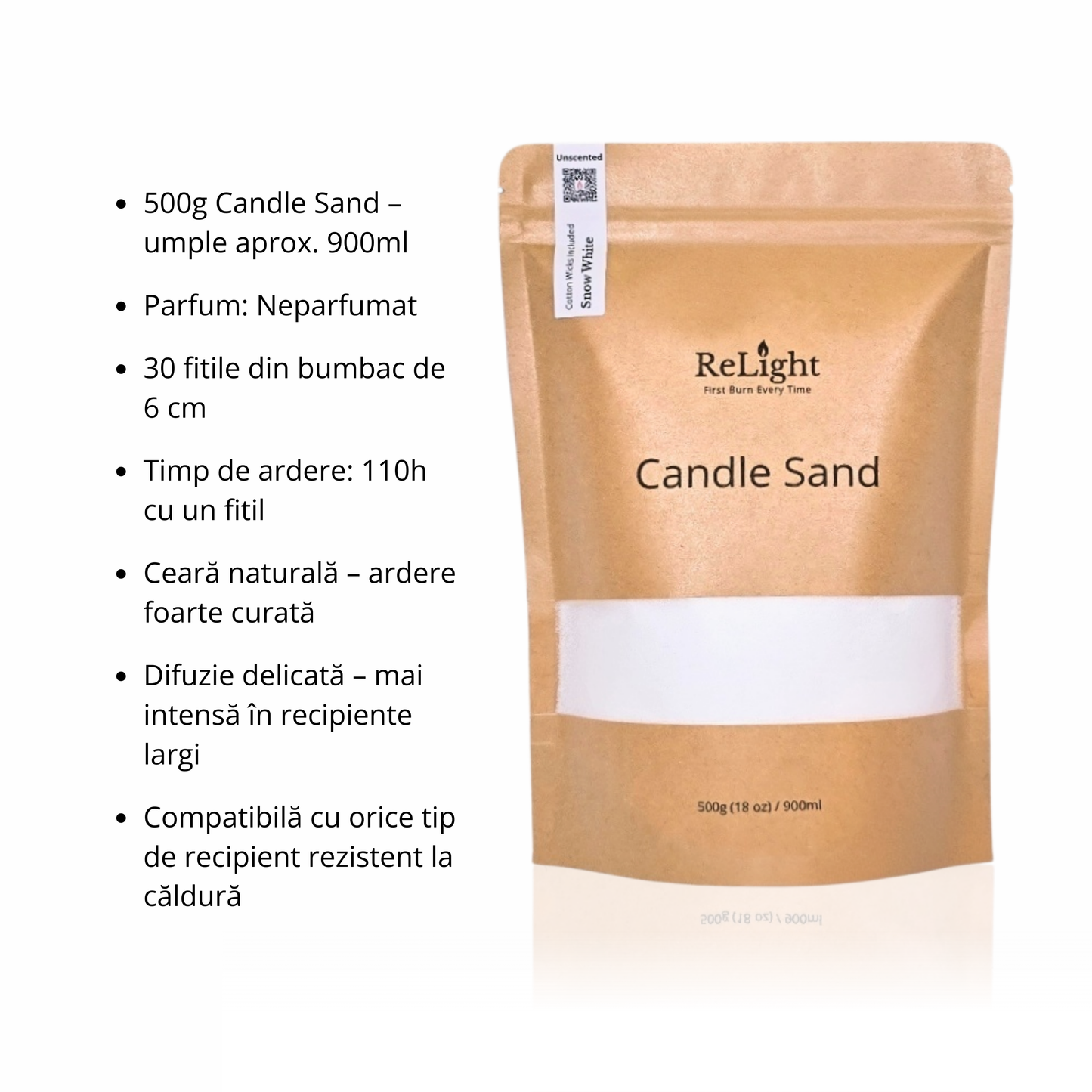Candle Sand Alb cu Fitile din Bumbac - Snow White