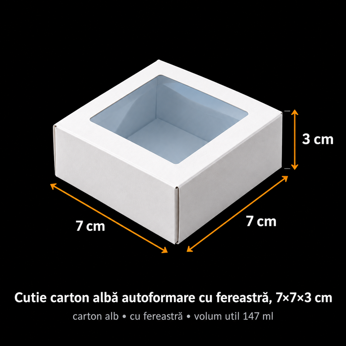 Cutie carton albă autoformare cu fereastră, 7x7x3 cm
