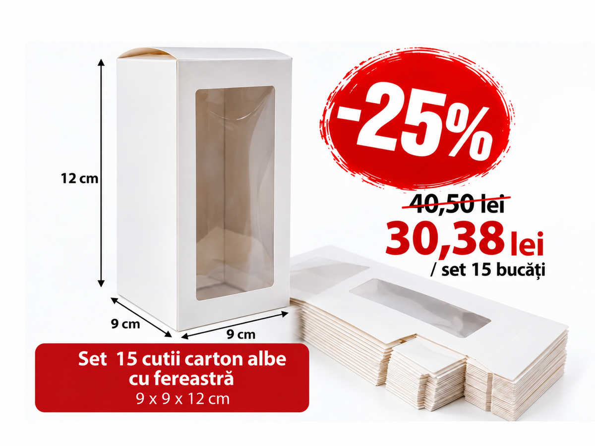 OUTLET – Set 15 cutii carton albe cu fereastră, 9 × 9 × 12 cm