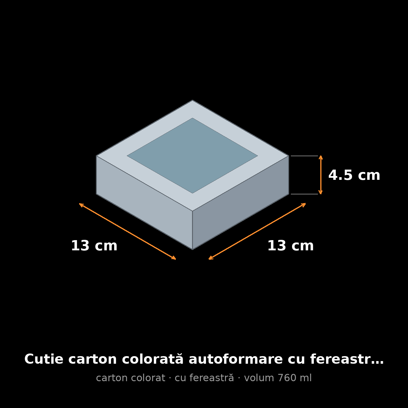 Cutie carton colorată cu fereastră, 13x13x4.5 cm – schemă cu dimensiuni