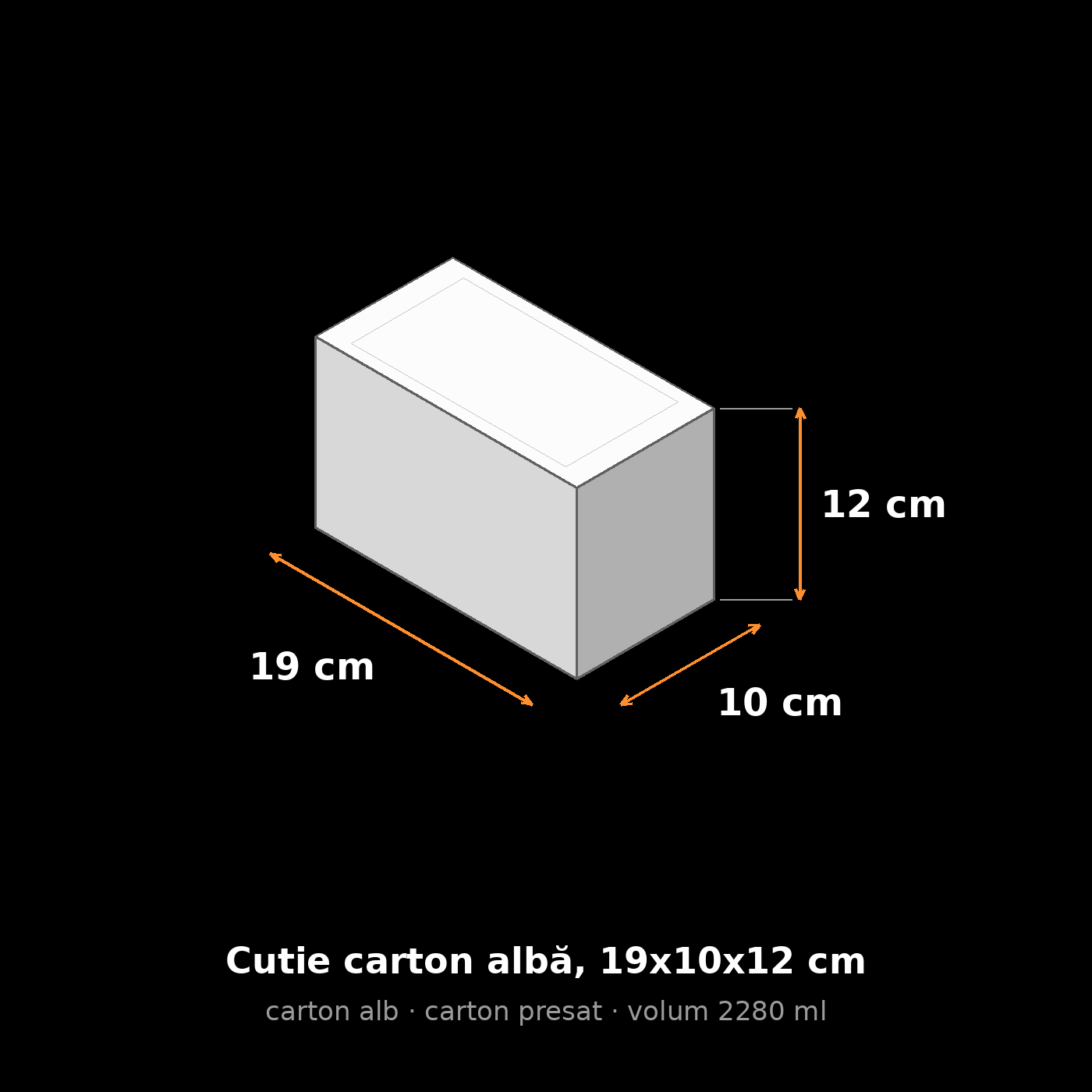 Cutie carton albă, 19x10x12 cm – schemă cu dimensiuni