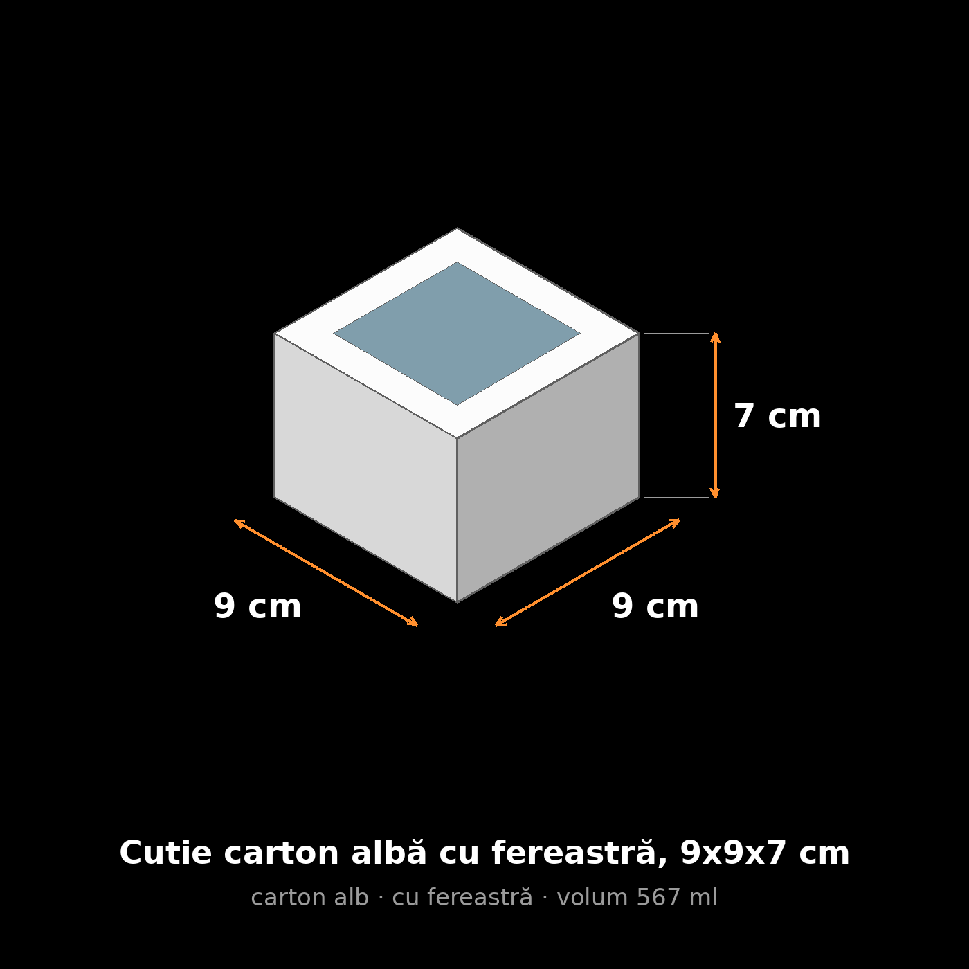Cutie carton albă cu fereastră, 9x9x7 cm – schemă cu dimensiuni