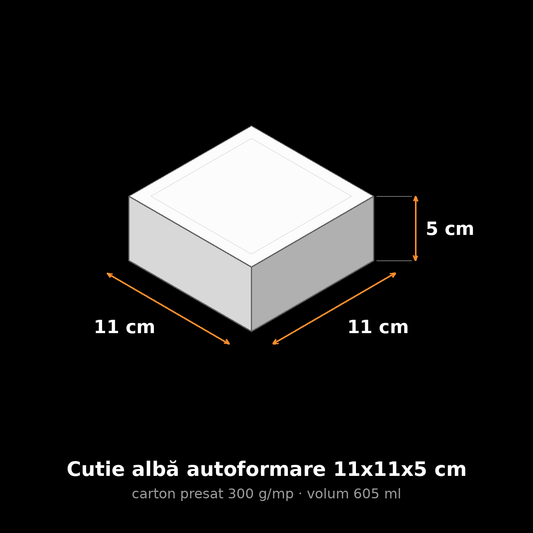 Cutie albă autoformare 11x11x5 cm, schemă cu dimensiuni