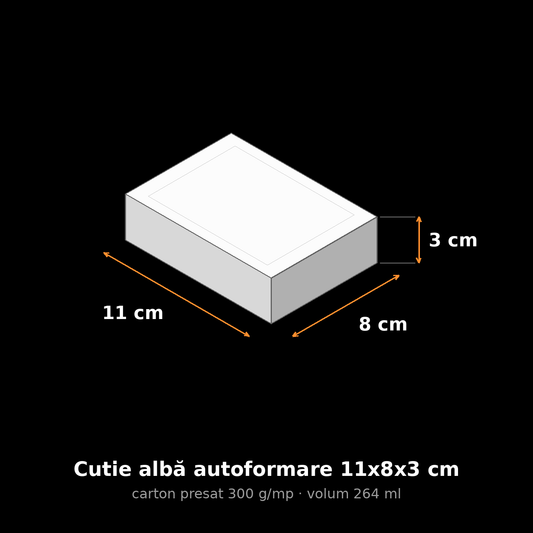 Cutie albă autoformare 11x8x3 cm, schemă cu dimensiuni