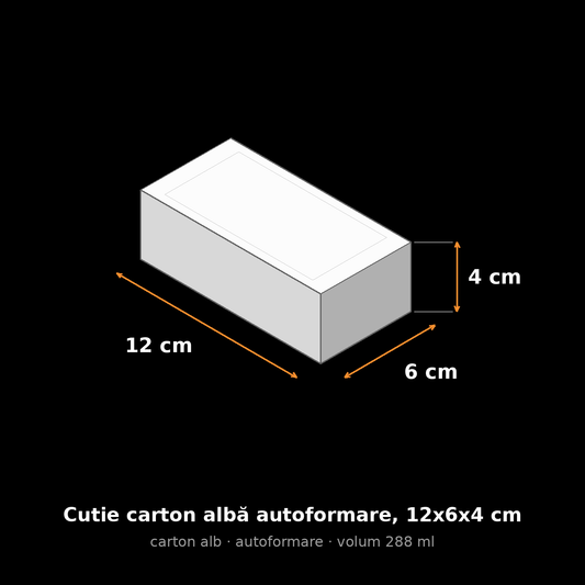 Cutie carton albă autoformare, 12x6x4 cm – schemă cu dimensiuni