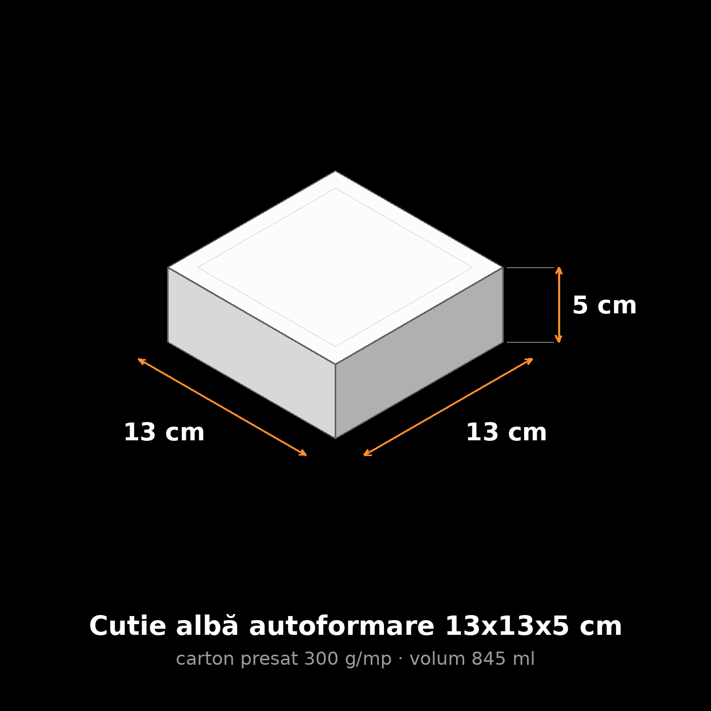 Cutie albă autoformare 13x13x5 cm, schemă cu dimensiuni