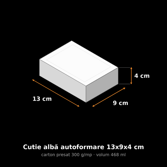 Cutie albă autoformare 13x9x4 cm, schemă cu dimensiuni