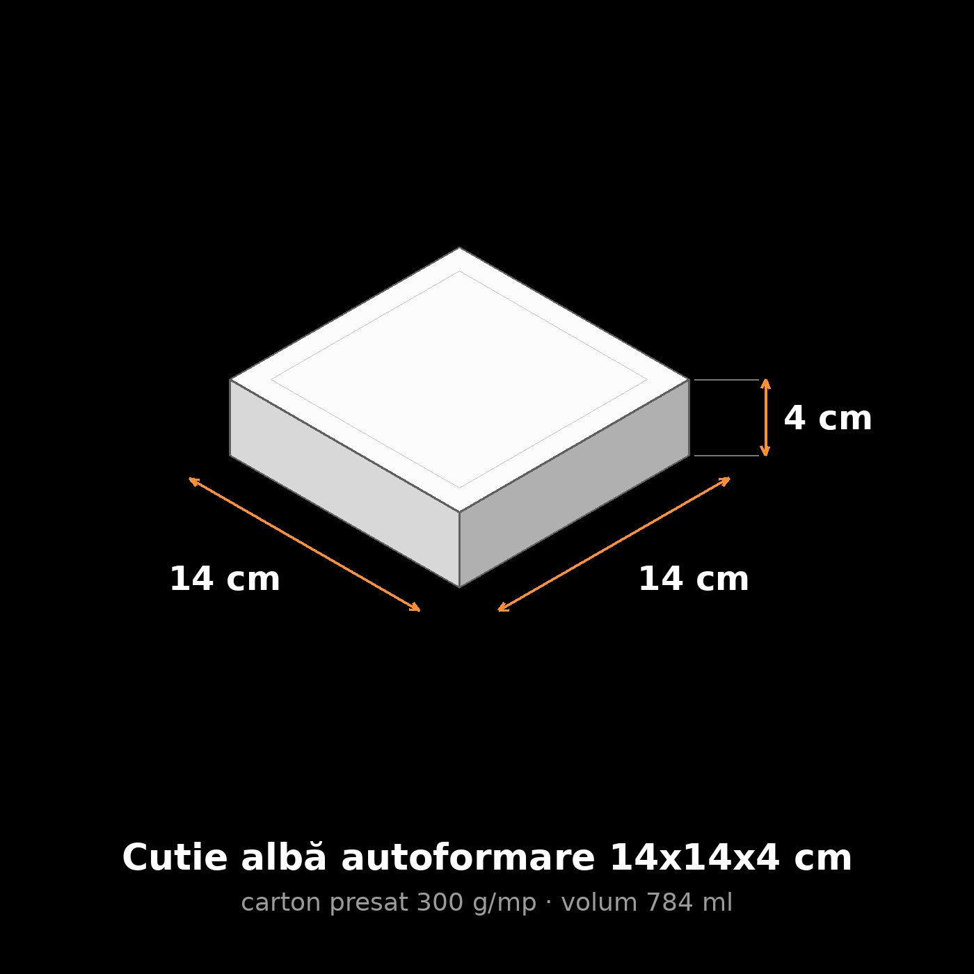 Cutie albă autoformare 14x14x4 cm, schemă cu dimensiuni
