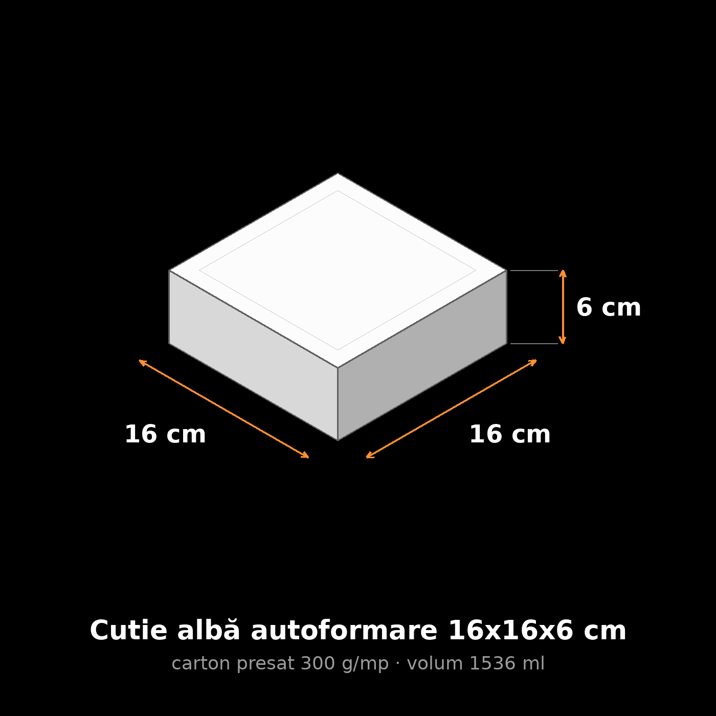 Cutie albă autoformare 16x16x6 cm, schemă cu dimensiuni
