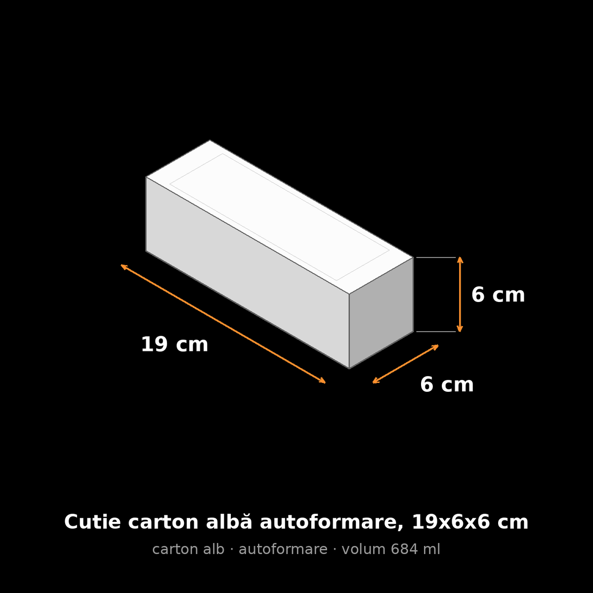 Cutie carton albă autoformare, 19x6x6 cm – schemă cu dimensiuni