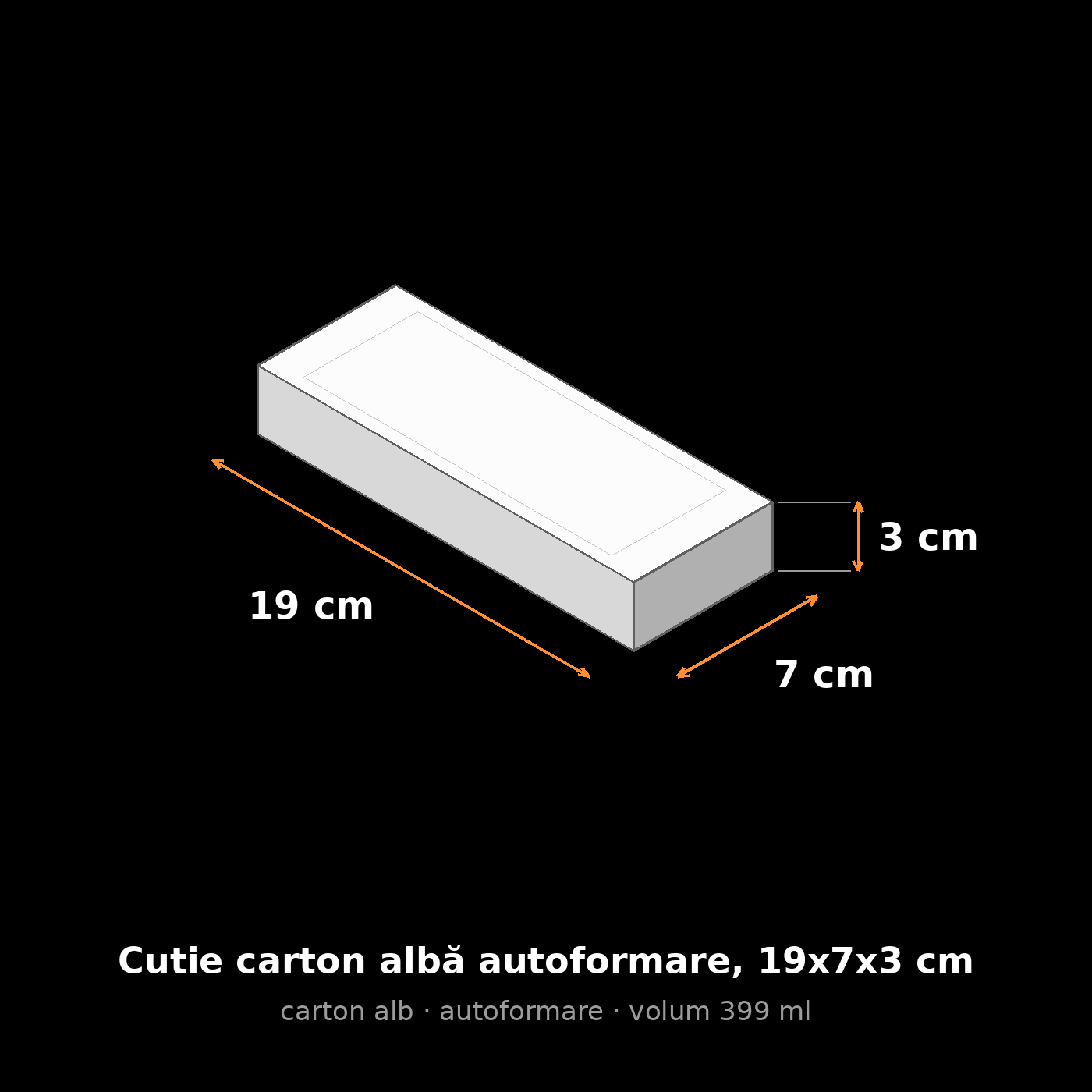 Cutie carton albă autoformare, 19x7x3 cm – schemă cu dimensiuni