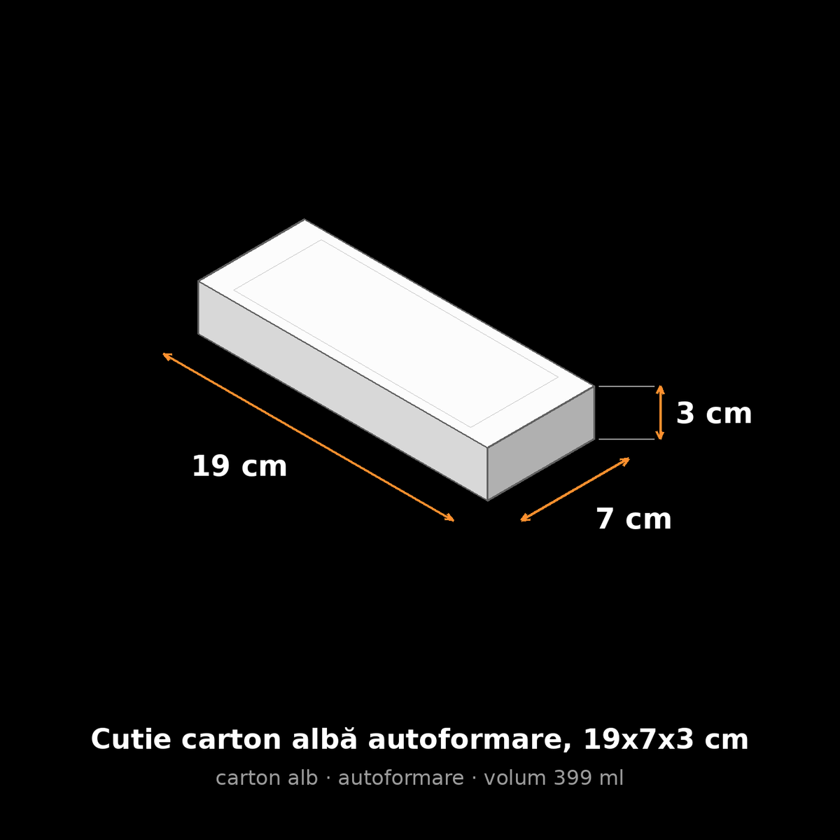 Cutie carton albă autoformare, 19x7x3 cm – schemă cu dimensiuni