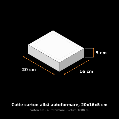Cutie carton albă autoformare, 20x16x5 cm – schemă cu dimensiuni