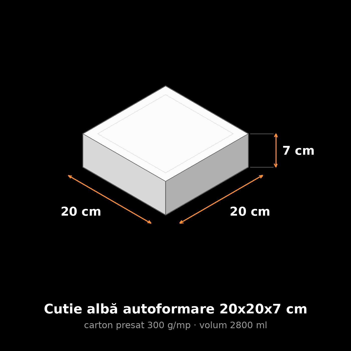 Cutie albă autoformare 20x20x7 cm, schemă cu dimensiuni
