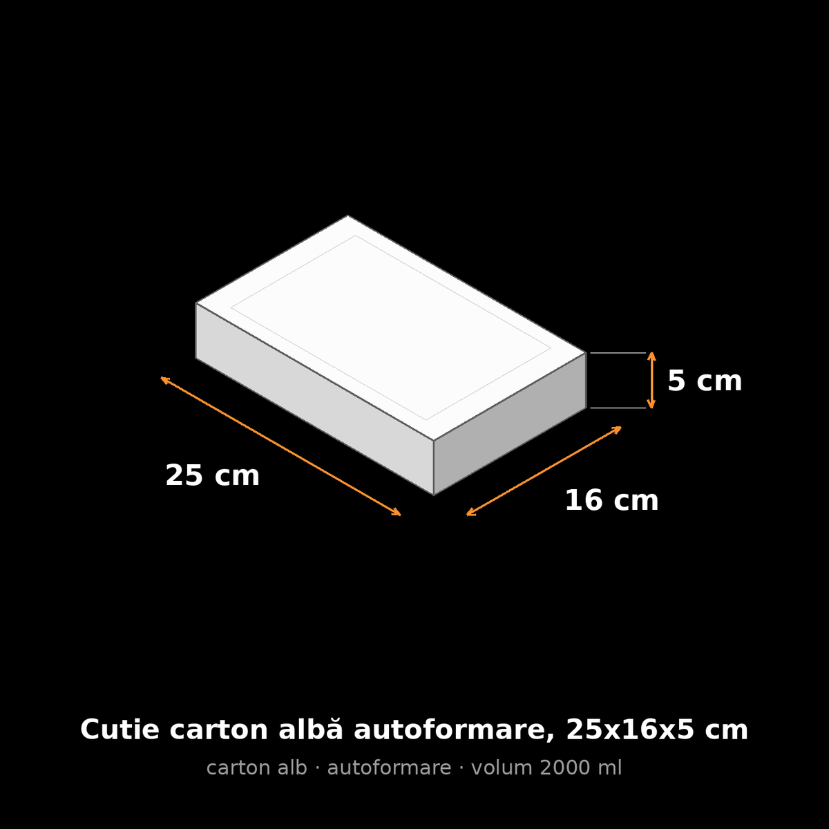 Cutie carton albă autoformare, 25x16x5 cm – schemă cu dimensiuni