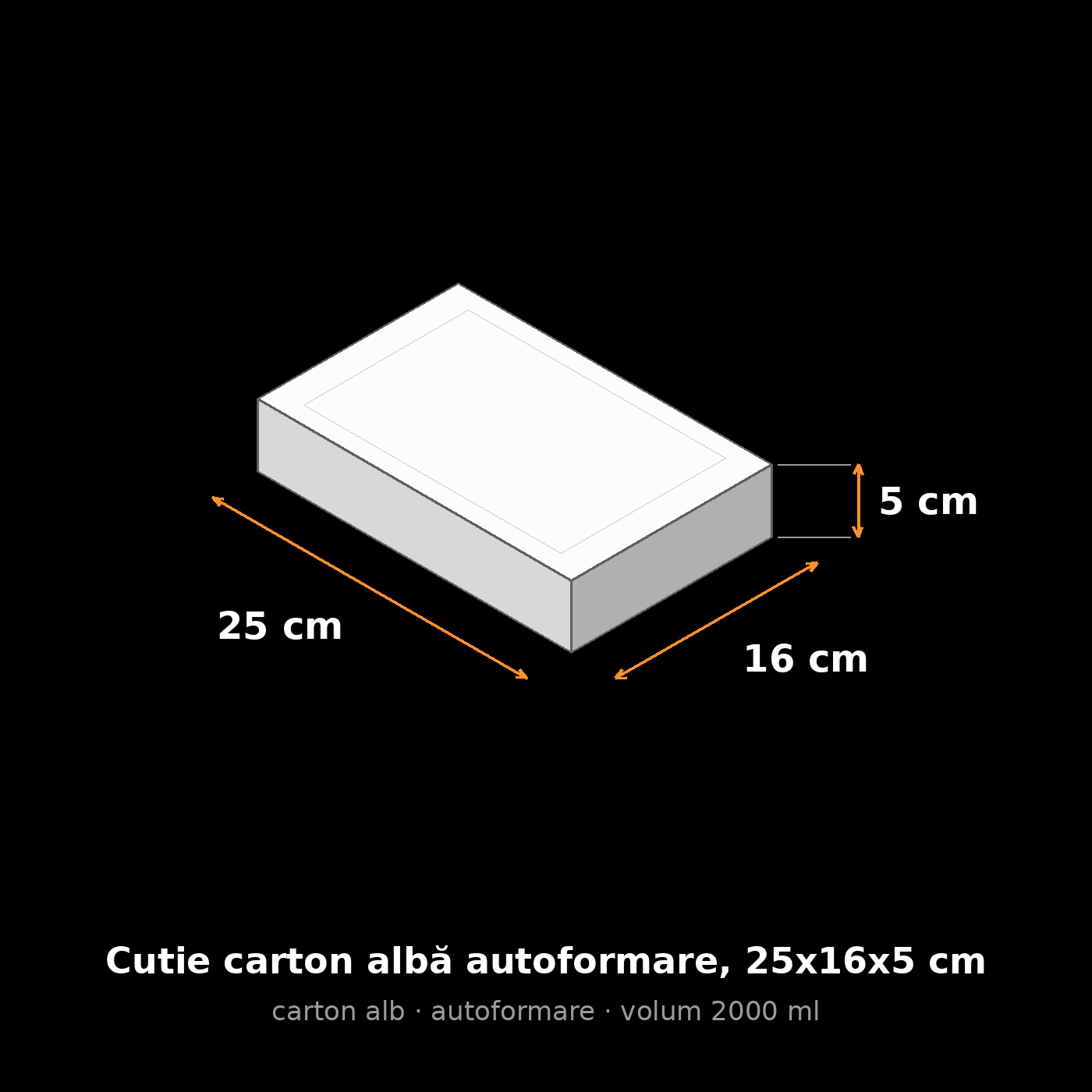 Cutie carton albă autoformare, 25x16x5 cm – schemă cu dimensiuni