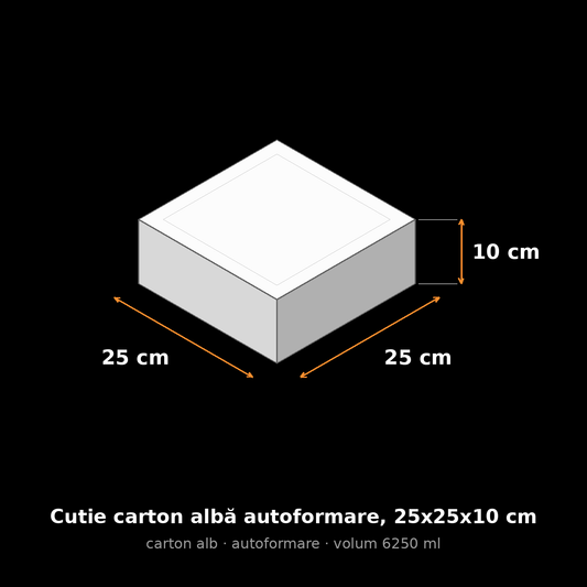 Cutie carton albă autoformare, 25x25x10 cm – schemă cu dimensiuni