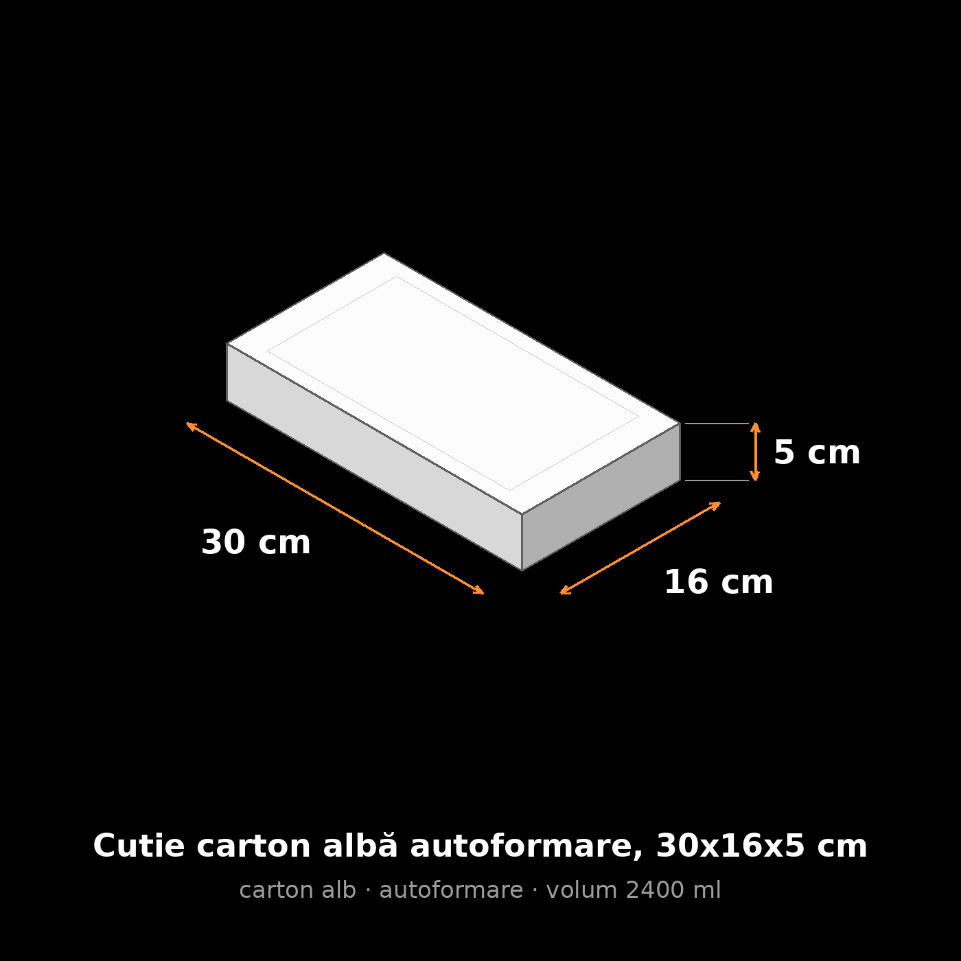 Cutie carton albă autoformare, 30x16x5 cm – schemă cu dimensiuni