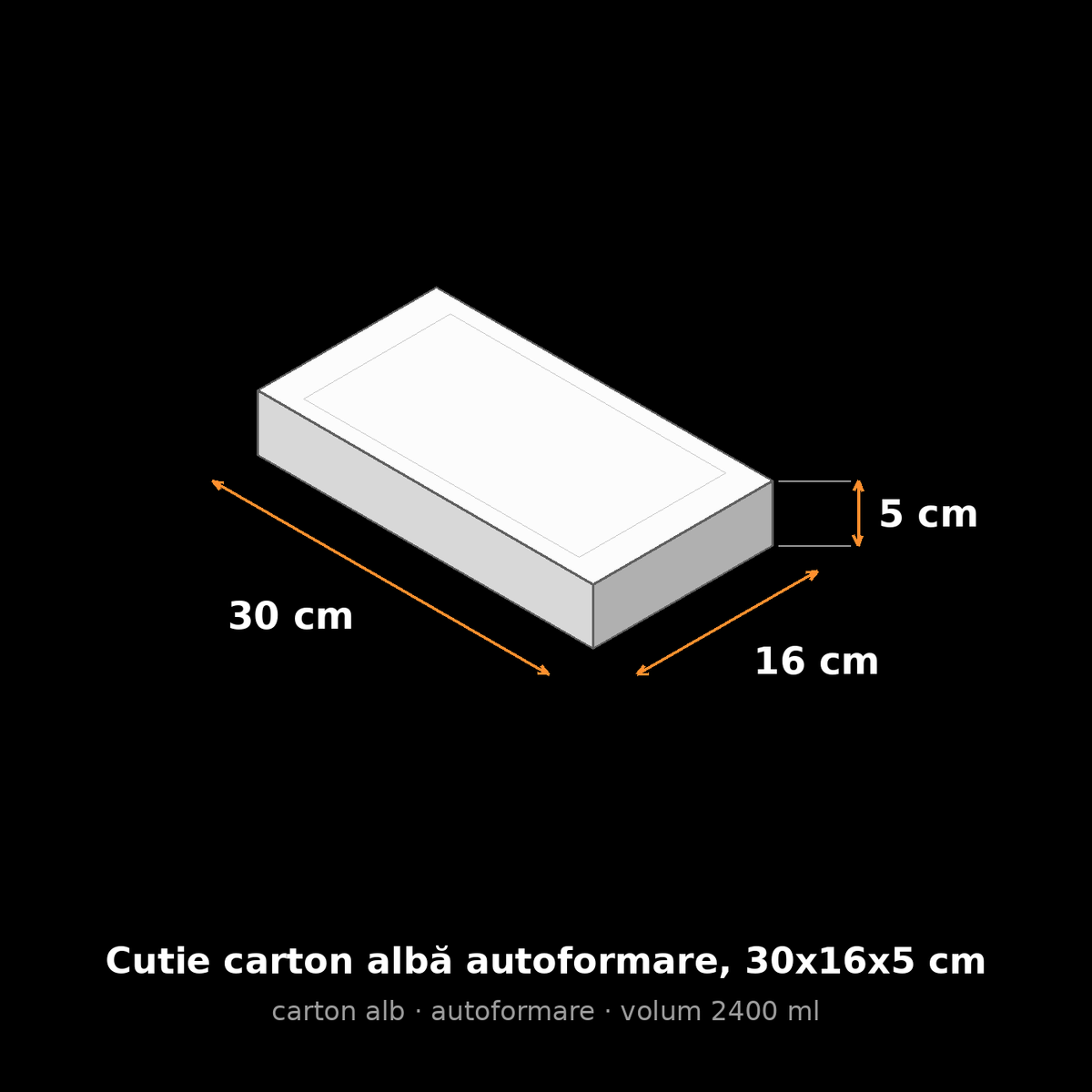 Cutie carton albă autoformare, 30x16x5 cm – schemă cu dimensiuni