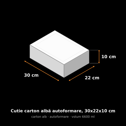 Cutie carton albă autoformare, 30x22x10 cm – schemă cu dimensiuni