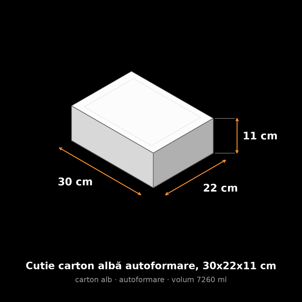 Cutie carton albă autoformare, 30x22x11 cm – schemă cu dimensiuni