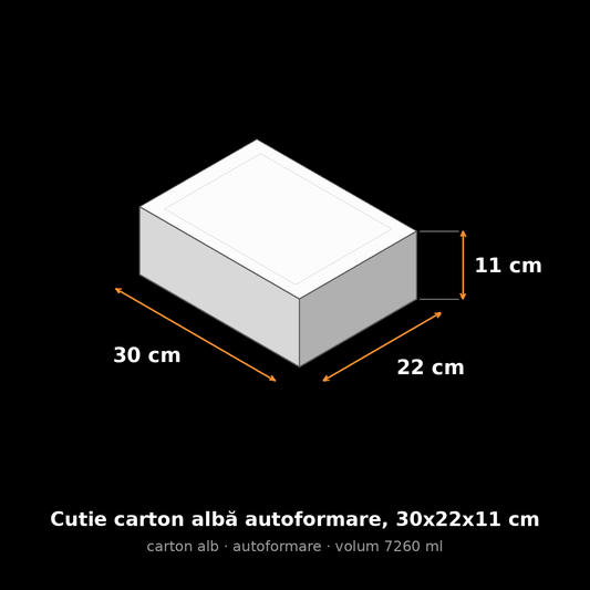 Cutie carton albă autoformare, 30x22x11 cm – schemă cu dimensiuni
