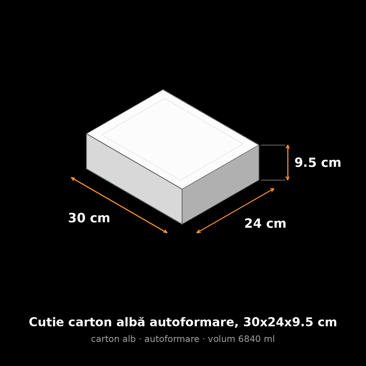Cutie carton albă autoformare, 30x24x9.5 cm – schemă cu dimensiuni