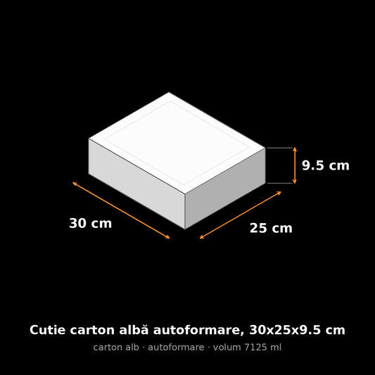 Cutie carton albă autoformare, 30x25x9.5 cm – schemă cu dimensiuni