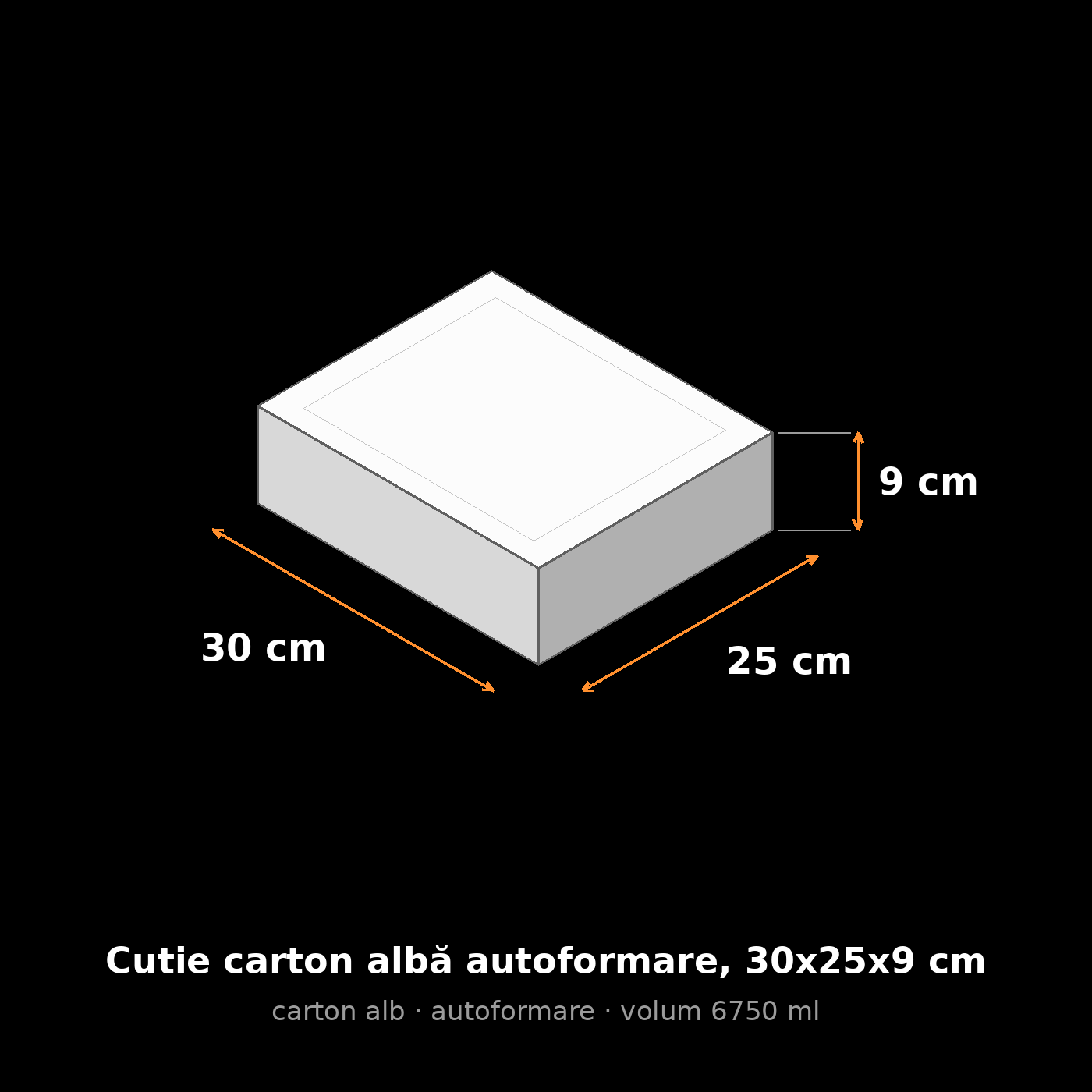 Cutie carton albă autoformare, 30x25x9 cm – schemă cu dimensiuni