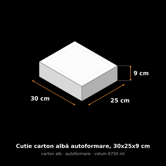 Cutie carton albă autoformare, 30x25x9 cm – schemă cu dimensiuni