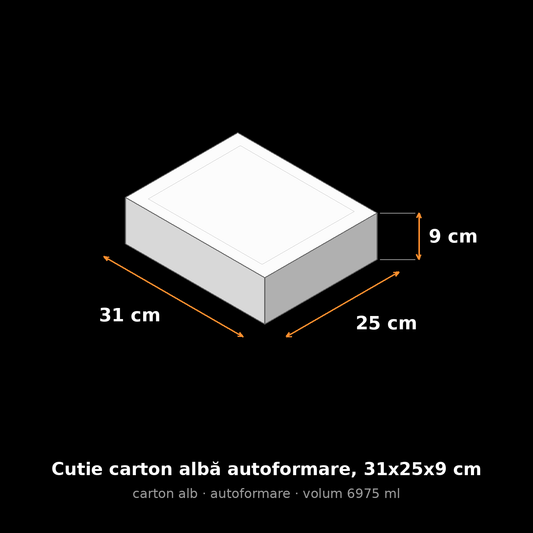 Cutie carton albă autoformare, 31x25x9 cm – schemă cu dimensiuni