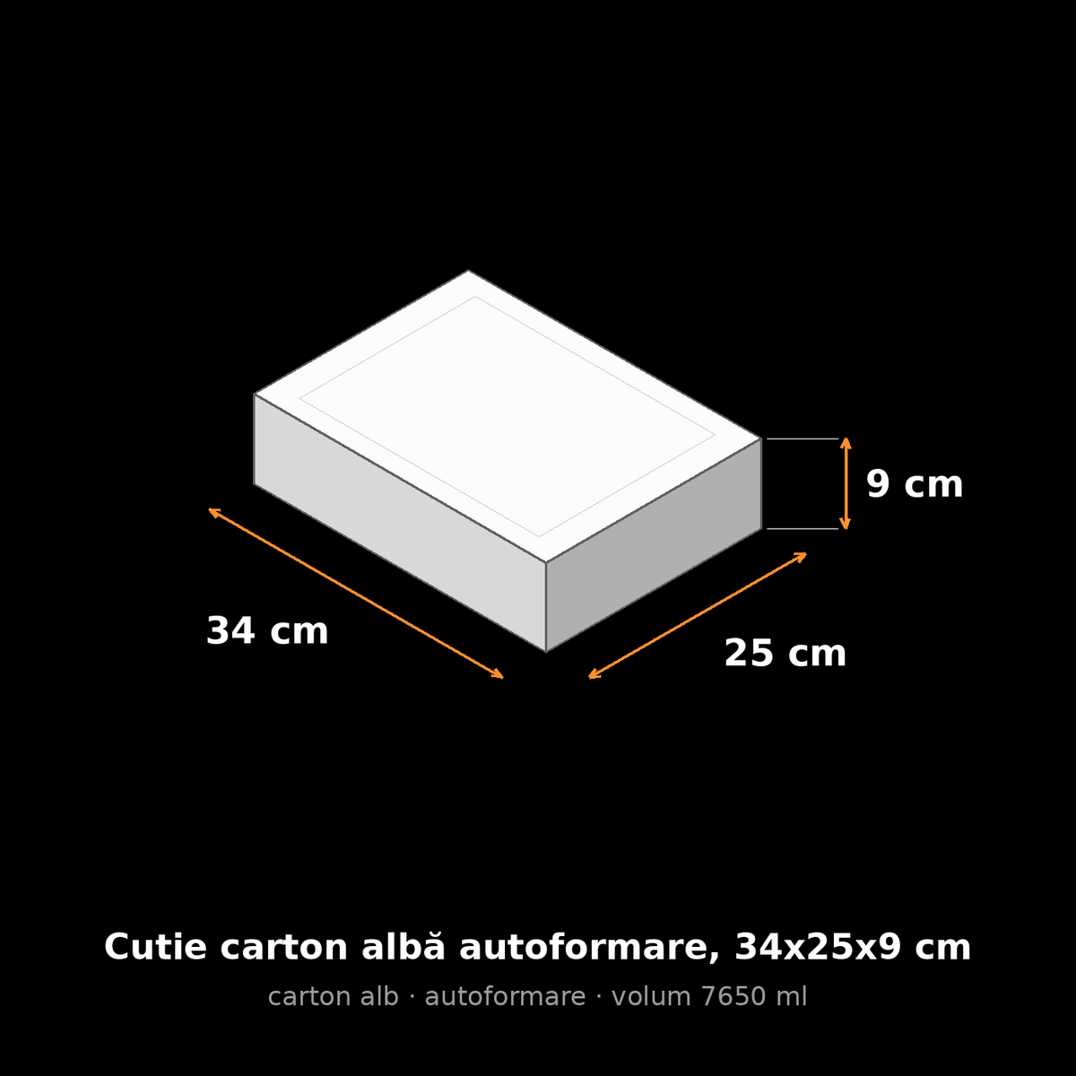 Cutie carton albă autoformare, 34x25x9 cm – schemă cu dimensiuni