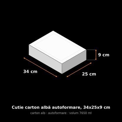 Cutie carton albă autoformare, 34x25x9 cm – schemă cu dimensiuni