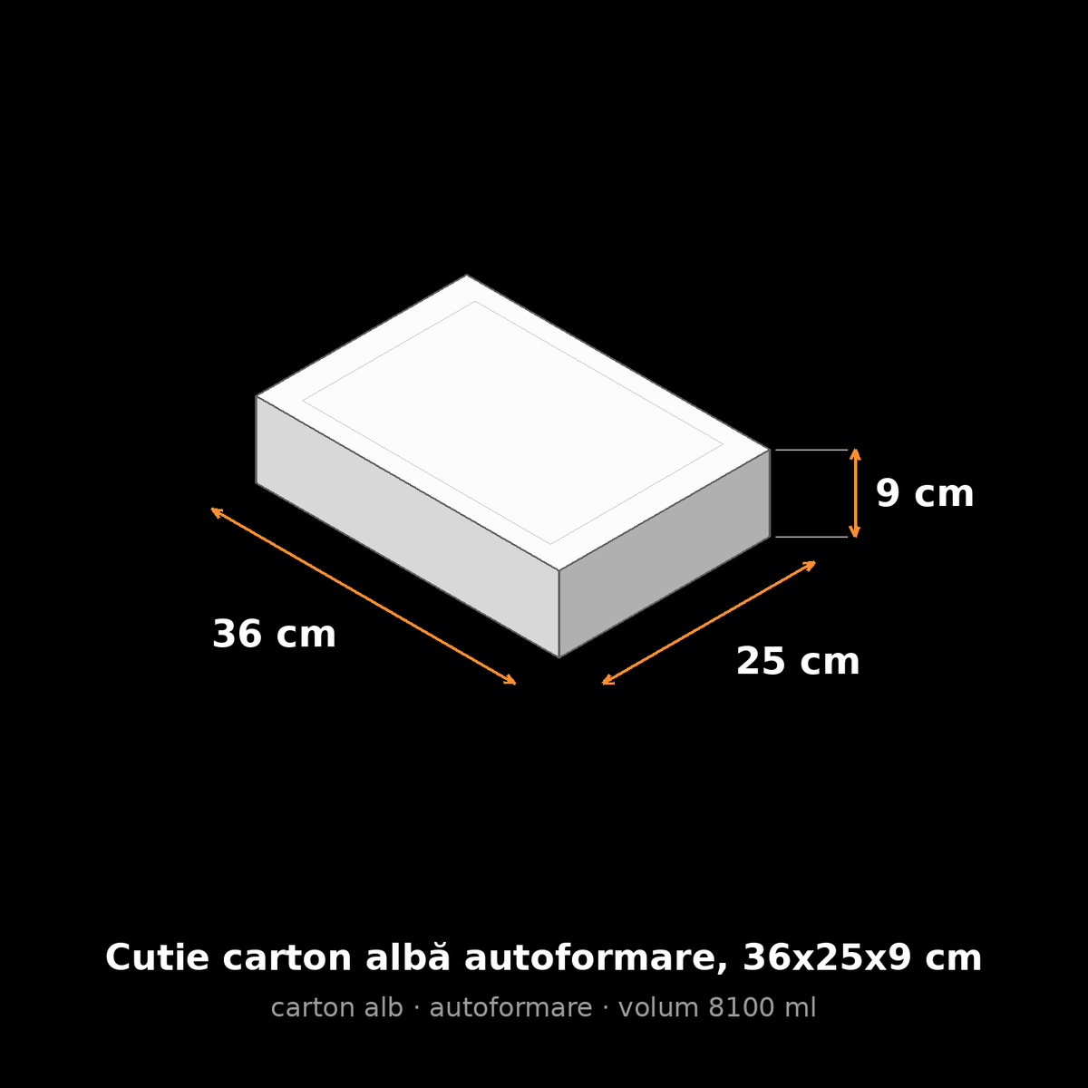 Cutie carton albă autoformare, 36x25x9 cm – schemă cu dimensiuni