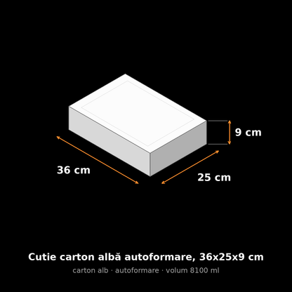 Cutie carton albă autoformare, 36x25x9 cm – schemă cu dimensiuni