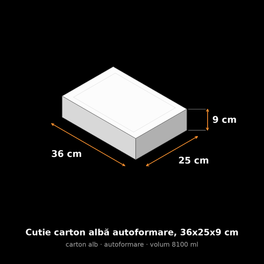 Cutie carton albă autoformare, 36x25x9 cm – schemă cu dimensiuni