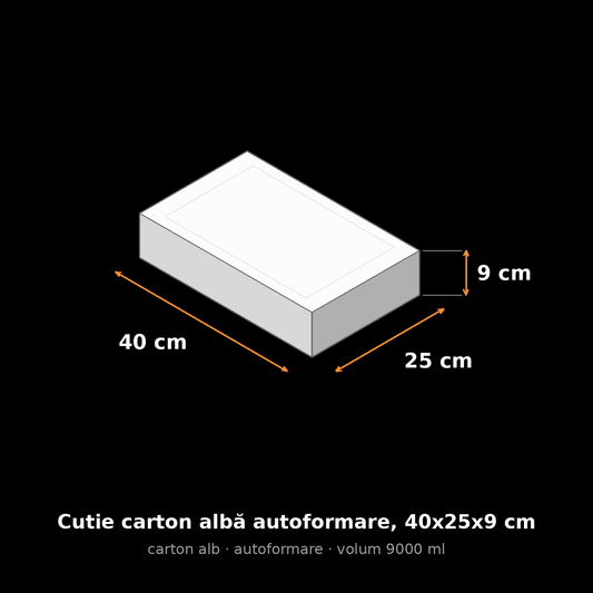 Cutie carton albă autoformare, 40x25x9 cm – schemă cu dimensiuni