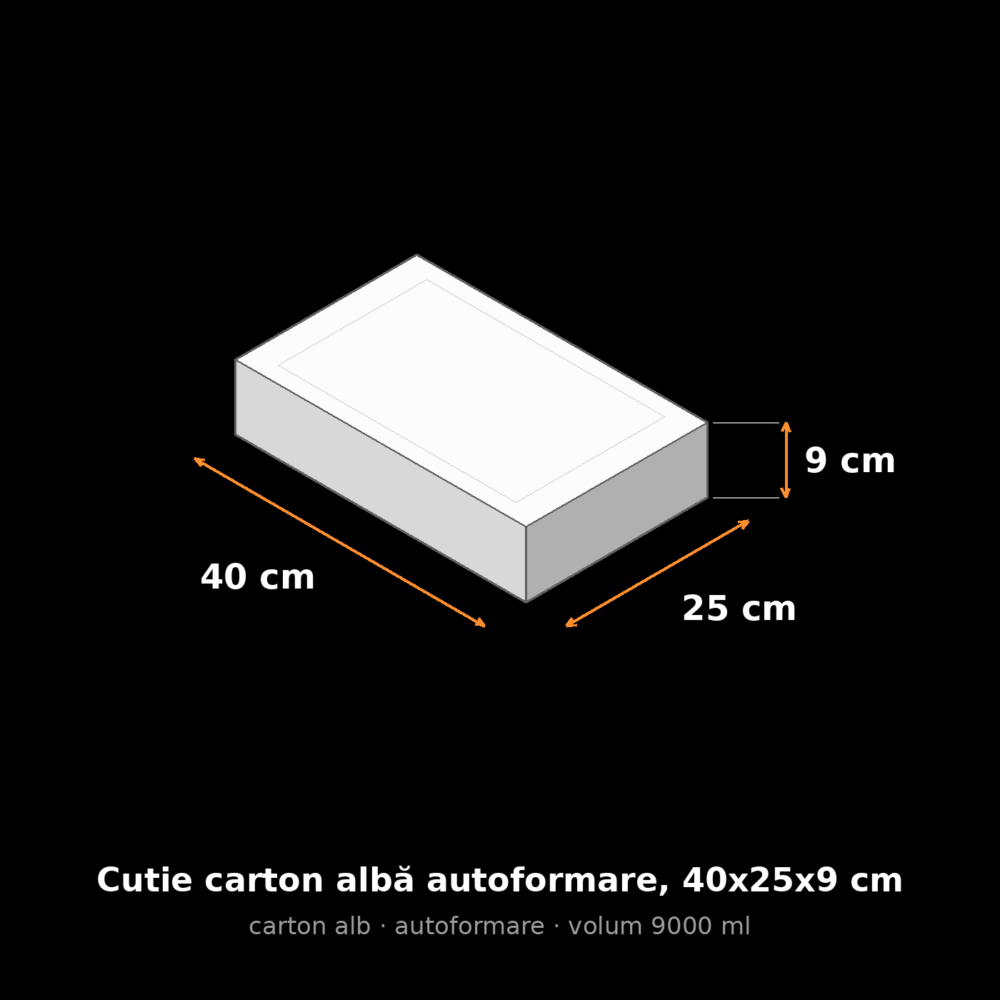 Cutie carton albă autoformare, 40x25x9 cm – schemă cu dimensiuni