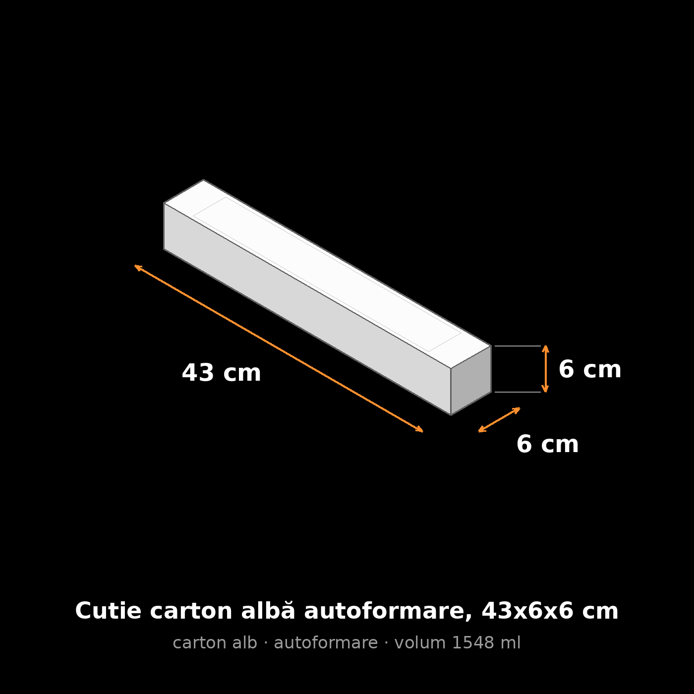 Cutie carton albă autoformare, 43x6x6 cm – schemă cu dimensiuni