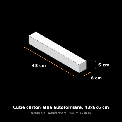 Cutie carton albă autoformare, 43x6x6 cm – schemă cu dimensiuni