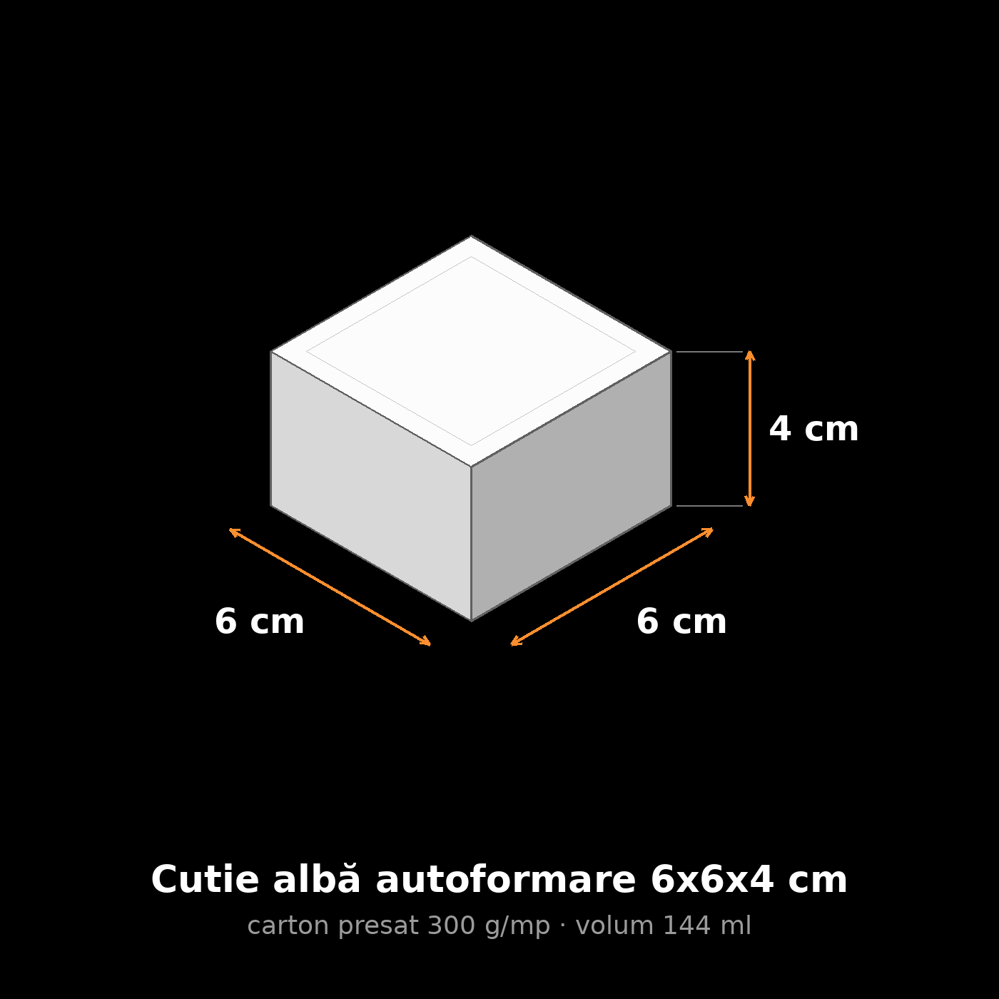 Cutie albă autoformare 6x6x4 cm, schemă cu dimensiuni