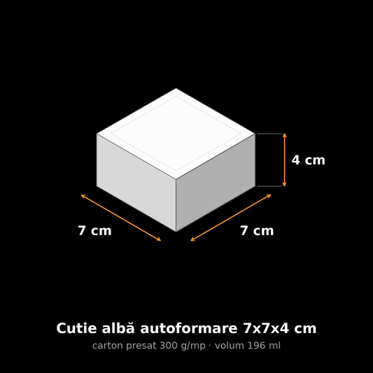 Cutie albă autoformare 7x7x4 cm, schemă cu dimensiuni