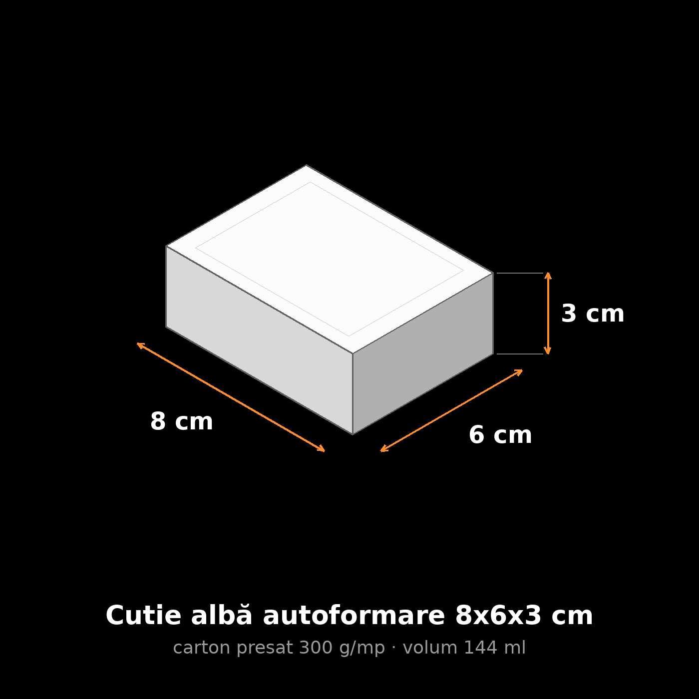 Cutie albă autoformare 8x6x3 cm, schemă cu dimensiuni