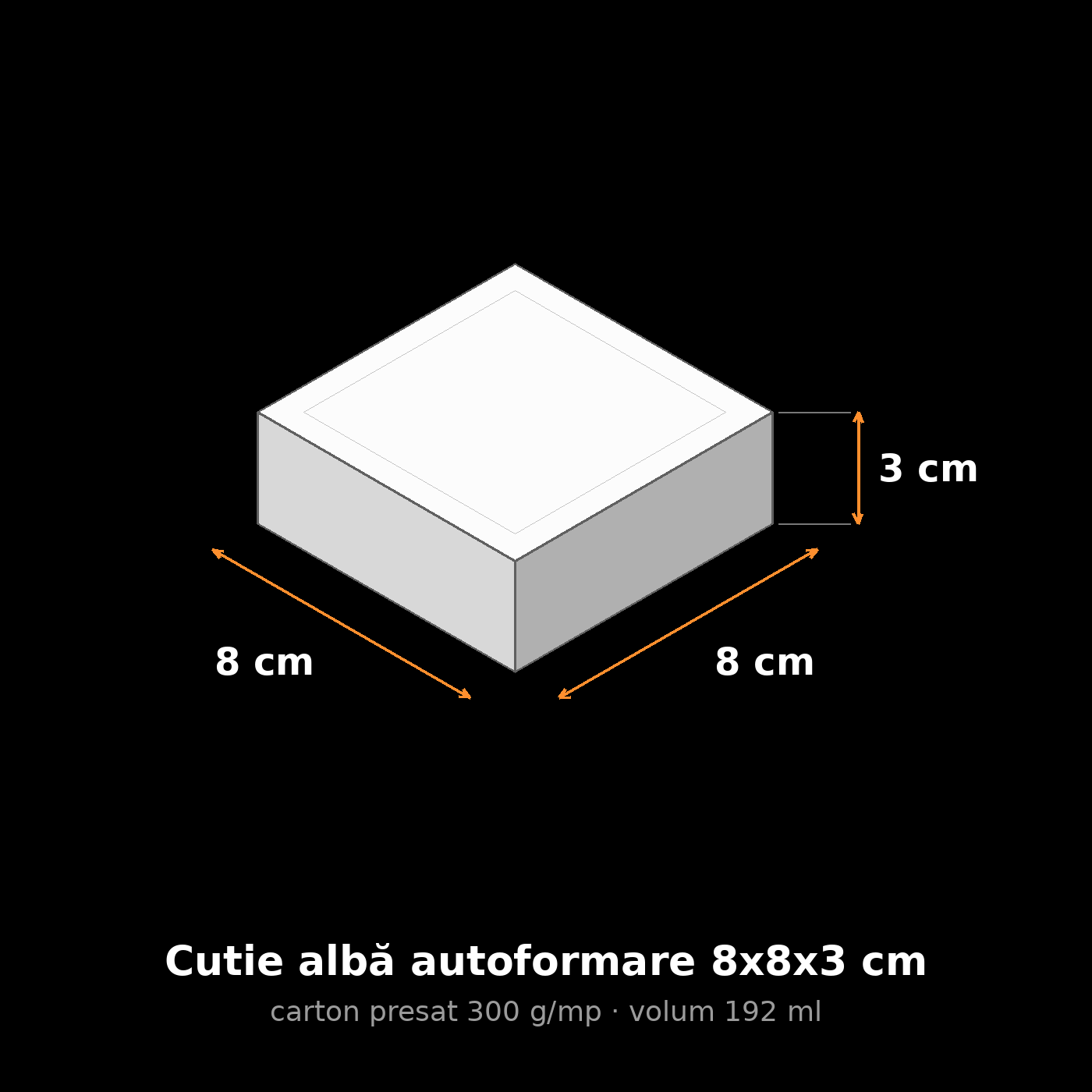 Cutie albă autoformare 8x8x3 cm, schemă cu dimensiuni