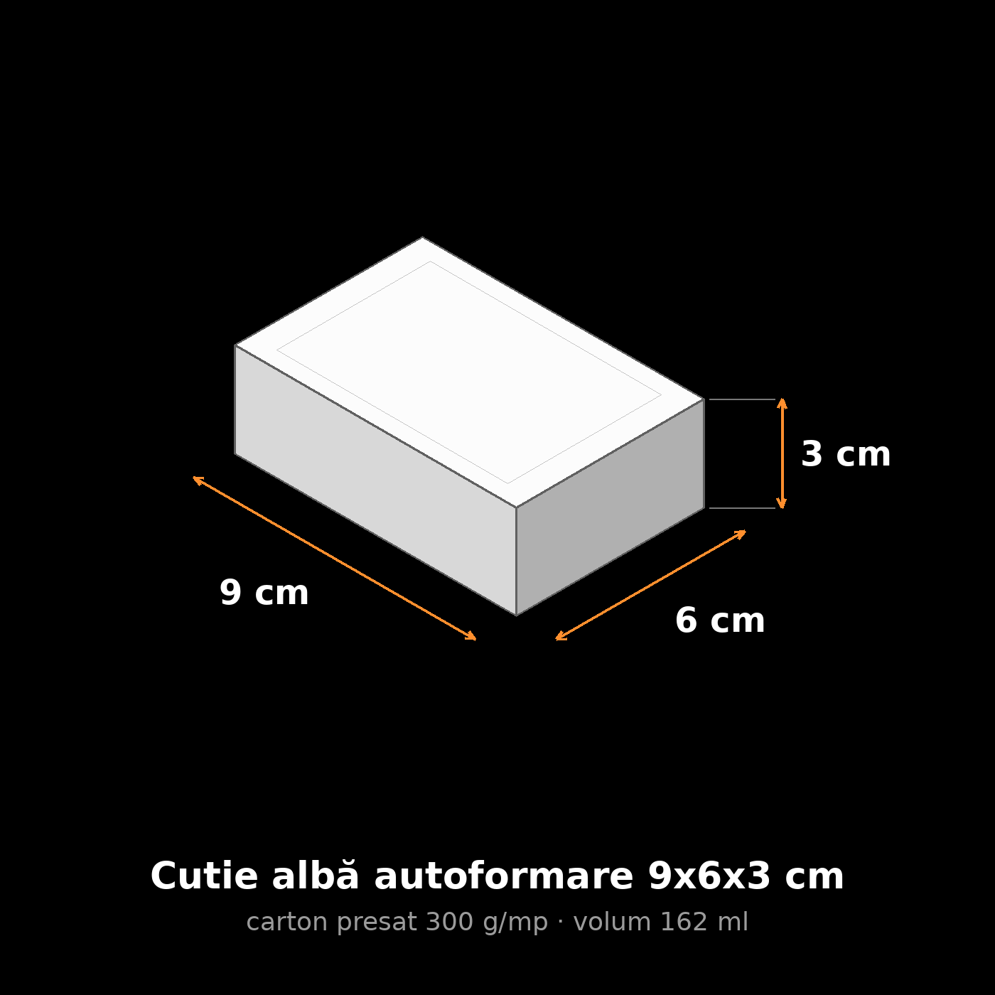 Cutie albă autoformare 9x6x3 cm, schemă cu dimensiuni