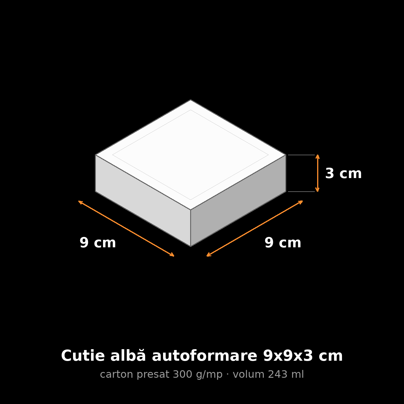Cutie albă autoformare 9x9x3 cm, schemă cu dimensiuni