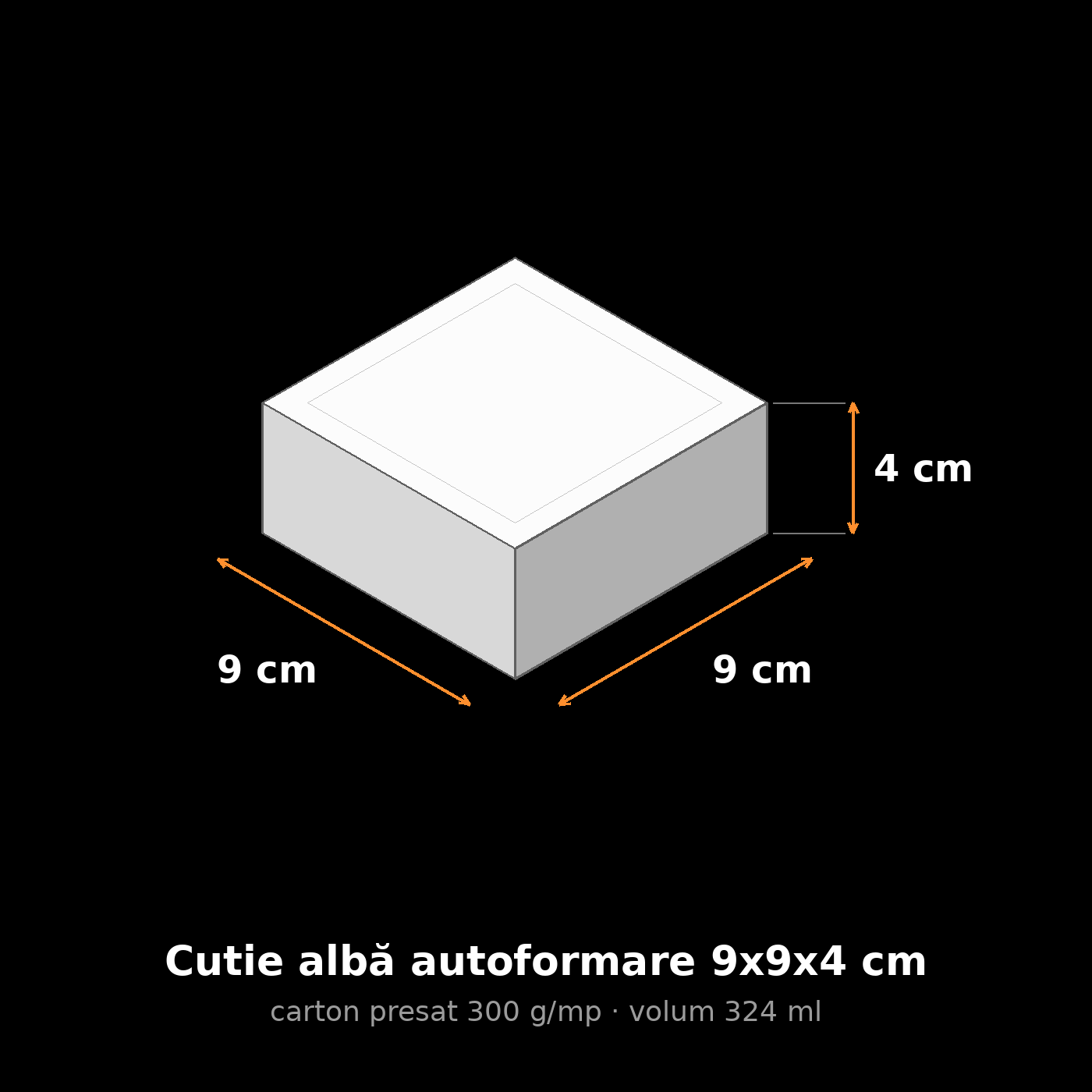 Cutie albă autoformare 9x9x4 cm, schemă cu dimensiuni