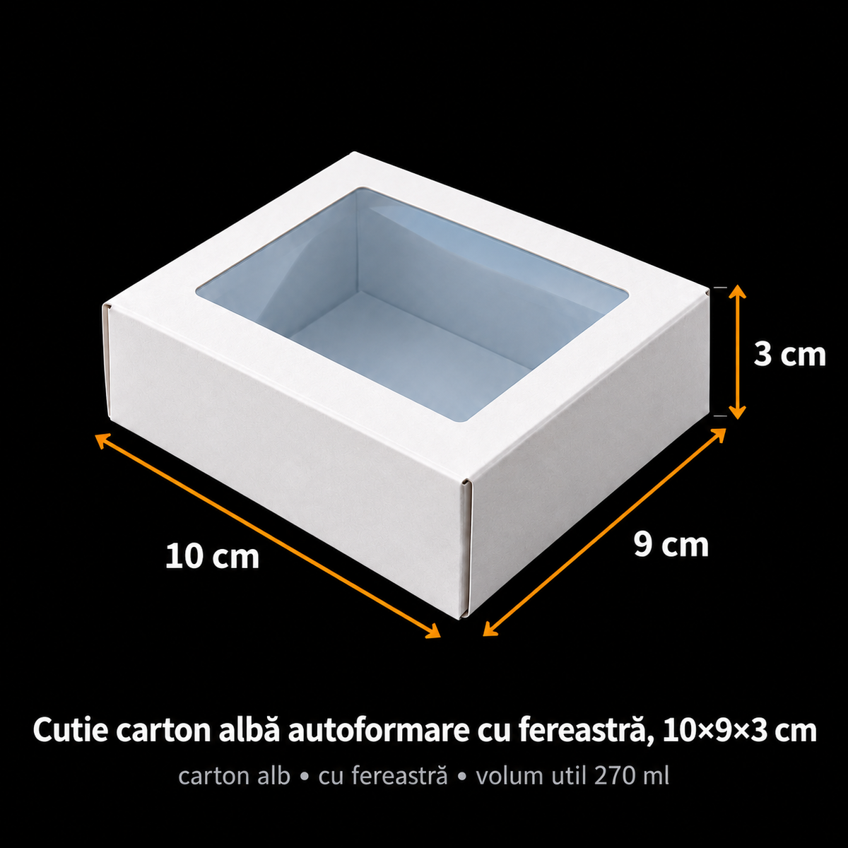 Cutie carton albă autoformare cu fereastră 10x9x3 cm