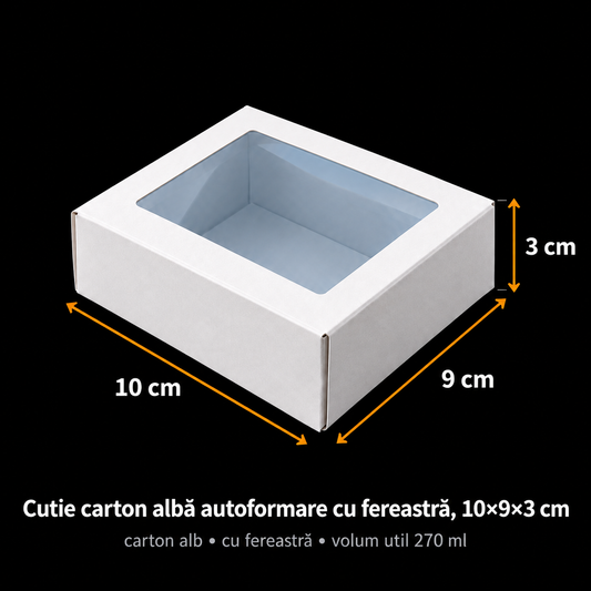 Cutie carton albă autoformare cu fereastră 10x9x3 cm