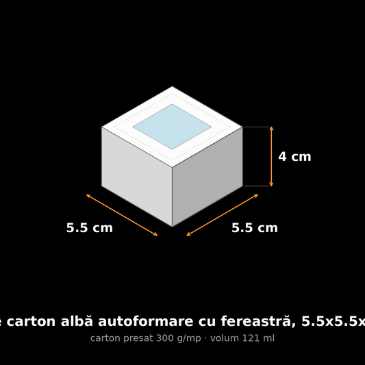 Cutie carton albă autoformare cu fereastră, 5.5x5.5x4 cm – schemă cu dimensiuni